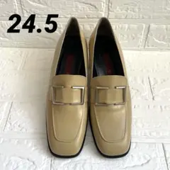 美品 スクエアトゥ パンプス ローファー チャンキーヒール 太ヒール 24.5