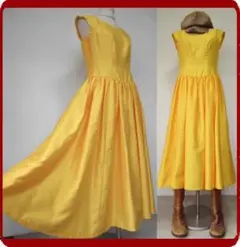 古着♪レトロ黄ドレスワンピシンプル日本製70年代60年代ヴィンテージ昭和半袖春夏