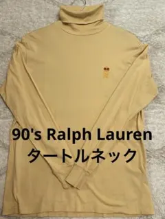 90's Ralph Laurenベージュ タートルネック 長袖 Tシャツ刺繍M