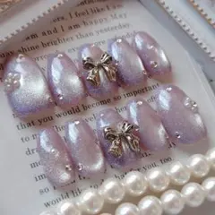 現品　ワンホン　韓国　ガーリー　春　マグネットネイル　ラベンダー　リボン