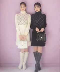 トッコ　tocco　裾ファー付きタートルネックジャガードニットワンピース