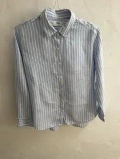 UNIQLO ユニクロ　リネンシャツ M 麻長袖　水色ボーダー