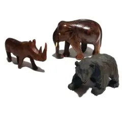 木製　動物　彫刻　3体セット（くま・象・サイ）置物