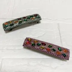 カラーストーンバレッタ2点セット華やかレトロ ヘアアクセサリー装飾付きパーティー
