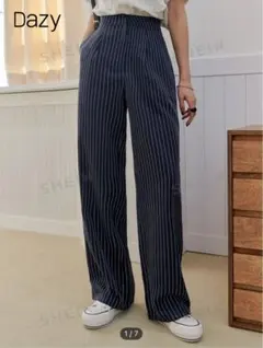 shein dazy ハイウエスト ストライプ パンツ navyblue