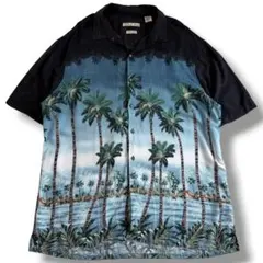 90s 古着 レーヨン 海 ヤシの木 アロハシャツ 総柄 黒 サーフ リゾートのサムネイル