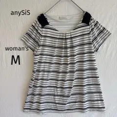 anySiS ビジュー　ボーダー　カットソー タック　プルオーバー M 紺 白