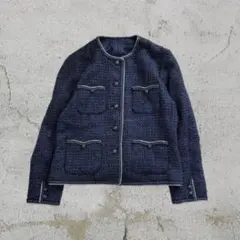 00s アウター　ツイード調　ブルー　ショート丈　クラシカル　きれいめ　古着