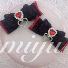 ヘアクリップ（黒ハートレース♡カラーミニリボン　赤　）ロリィタ　推し活　量産型