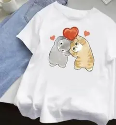 猫とハートのイラスト 半袖Tシャツ ホワイト　Ｌサイズ