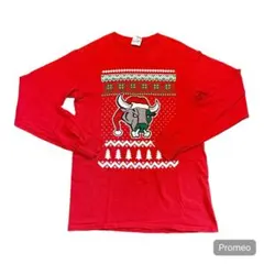 GILDAN 長袖 Tシャツ クリスマス 牛さん　ブルデザイン レッド Sのサムネイル