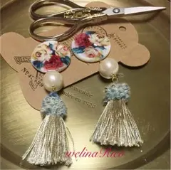 フラワーパーツとコットンパールのタッセルピアスorイヤリング