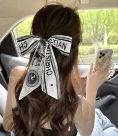 リボンポニー パール付きヘアゴム 韓国風 ブランドロゴ風