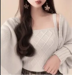 GRLボリュームスリーブカーディガンXケーブル編みキャミソールニットアンサンブル