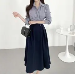 【美品】ストライプ切替ワンピース　長袖　通勤・オフィス