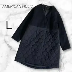 アメリカンホリック キルティングロングコート ノーカラー 異素材切替 Ｌ 黒
