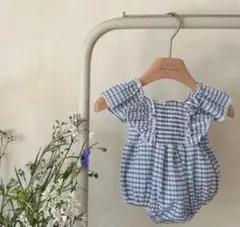 monbebe ブルーチェック　ロンパース　夏服　ベビー服 Mサイズのサムネイル
