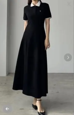 louere ワンピース 半袖 フレア ロング丈 ブラック×ホワイト