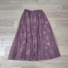 花柄 チュール ロングスカート パープル