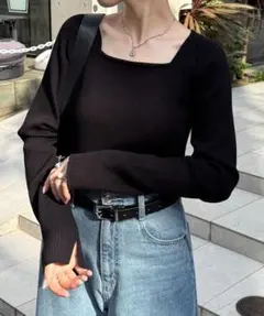 【Heather】ブラック スクエアネック セーター 長袖 モヘア あったかい