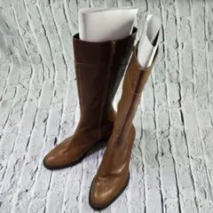 ブラウンレザー ロングブーツ 中ヒール 23.5cm