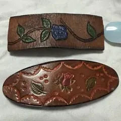 ヴィンテージ 花　レザー　バレッタ 4個セット 昭和レトロ　ヘアアクセサリー