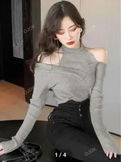 オフショルダー グレー ニット セーター