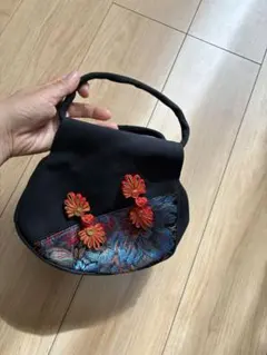 和装用バッグ 黒 花の刺繍