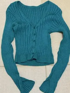 mystic ラメ ターコイズ グリーン リブ編みカーディガン