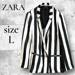 ZARAザラ長袖テーラードジャケットブレザーダブルストライプ柄レディースL黒白のサムネイル
