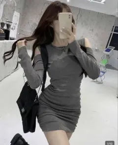 無地 カジュアル リブラッフルヘムデイリーウェア 長袖ミニドレス レディース春秋