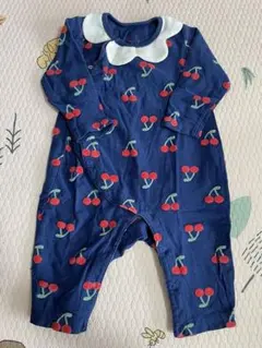 Moujonjon チェリー柄長袖ロンパース ネイビー