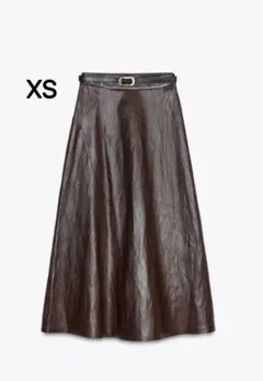 ZARA ベルト付きフェイクレザーミディスカート - バーガンディ【新品未使用】