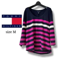 TOMMY HILFIGER ボーダー カットソー M 紺×ピンク 7分袖