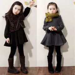 新品　子供服 女の子 ブラック ワンピース 無地 リボン 裏起毛