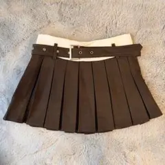 ブラウン プリーツスカート ベルト付き 茶色×白