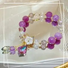 【特別価格✨】花チャーム 天然石風ビーズブレスレット 高級感 大人可愛い 紫色
