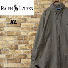 ラルフローレン　長袖ボタンダウンシャツ　刺繍ロゴ　チェック　ブラウン　XL