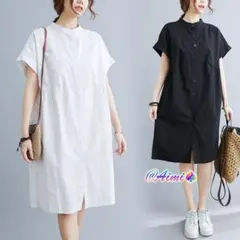 無地 ゆったり シャツワンピース フロントボタン 着痩せ 半袖 大きいサイズ
