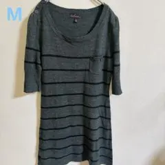 テイクアウト 七分袖 チュニック ボーダー M 濃灰ニット ラウンドネック