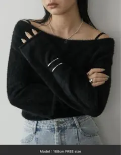 Aunt Marie's 2WAYオフショルシャギーカーディガン　ブラック