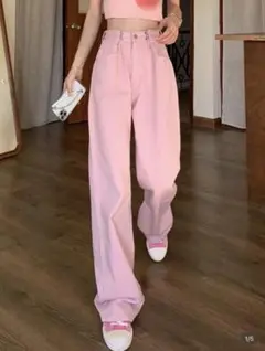 ピンク ハイウエスト ワイドレッグパンツ