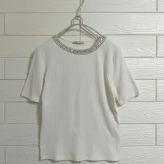 ZARA ザラ ビジュー付き リブニット トップス 半袖 ホワイト Mサイズ