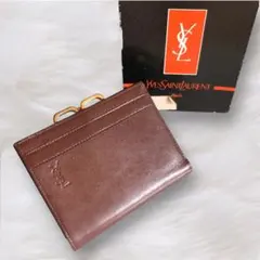 イヴサンローラン 二つ折り財布 がま口 ヴィンテージ ブラウン 型押しロゴ 箱付