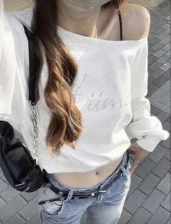 ラインストーンオフショルダー スウェット JP-M ライトグレー