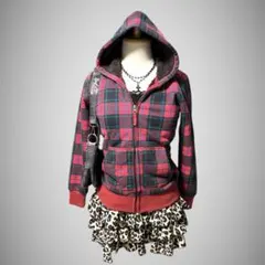 ジップパーカー 赤 チェック柄 Y2K 平成ギャル グランジ