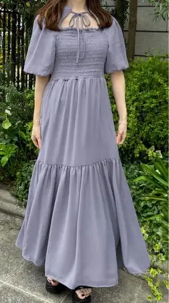 バルーンスリーブフロントオープンワンピース ブルー ロングワンピース フレア