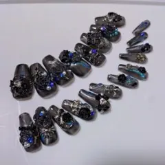 現品】量産型 韓国 宝石 埋めつくし マグネット ネイビー ネイルチップ