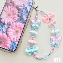 ハンドメイドビーズストラップ♡ブルー×ピンク