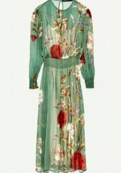 ZARA WOMAN 花柄　グリーン　シフォン　ワンピース